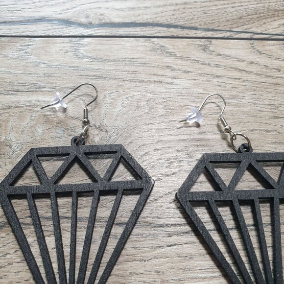 Women Black Laser Cut Geometric Diamond Wooden Cutout Dangle Earrings Gift Boho - Picture 2 of 4